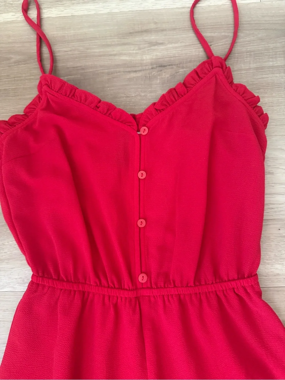 Divided Red Mini Romper with Ruffle Trim - Picture 2 of 3